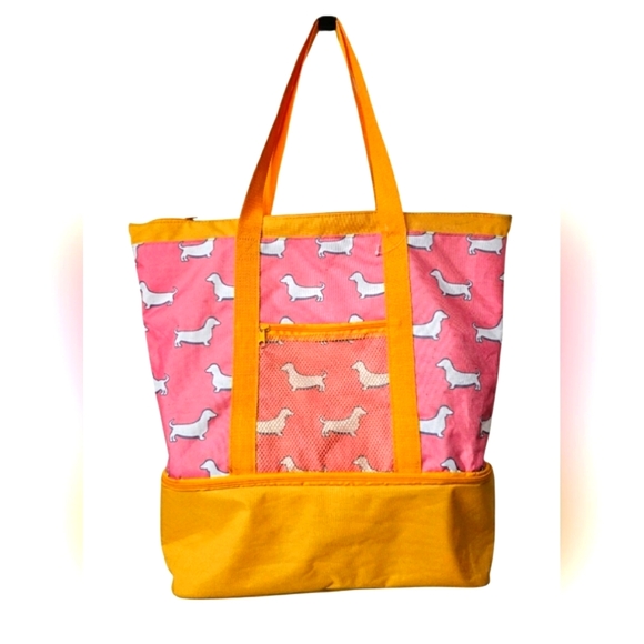 crown & ivy Handbags - RARE Crown & Ivy Dashund Dog Large Cooler Tote Bag Pink & Orange Purse Mesh
